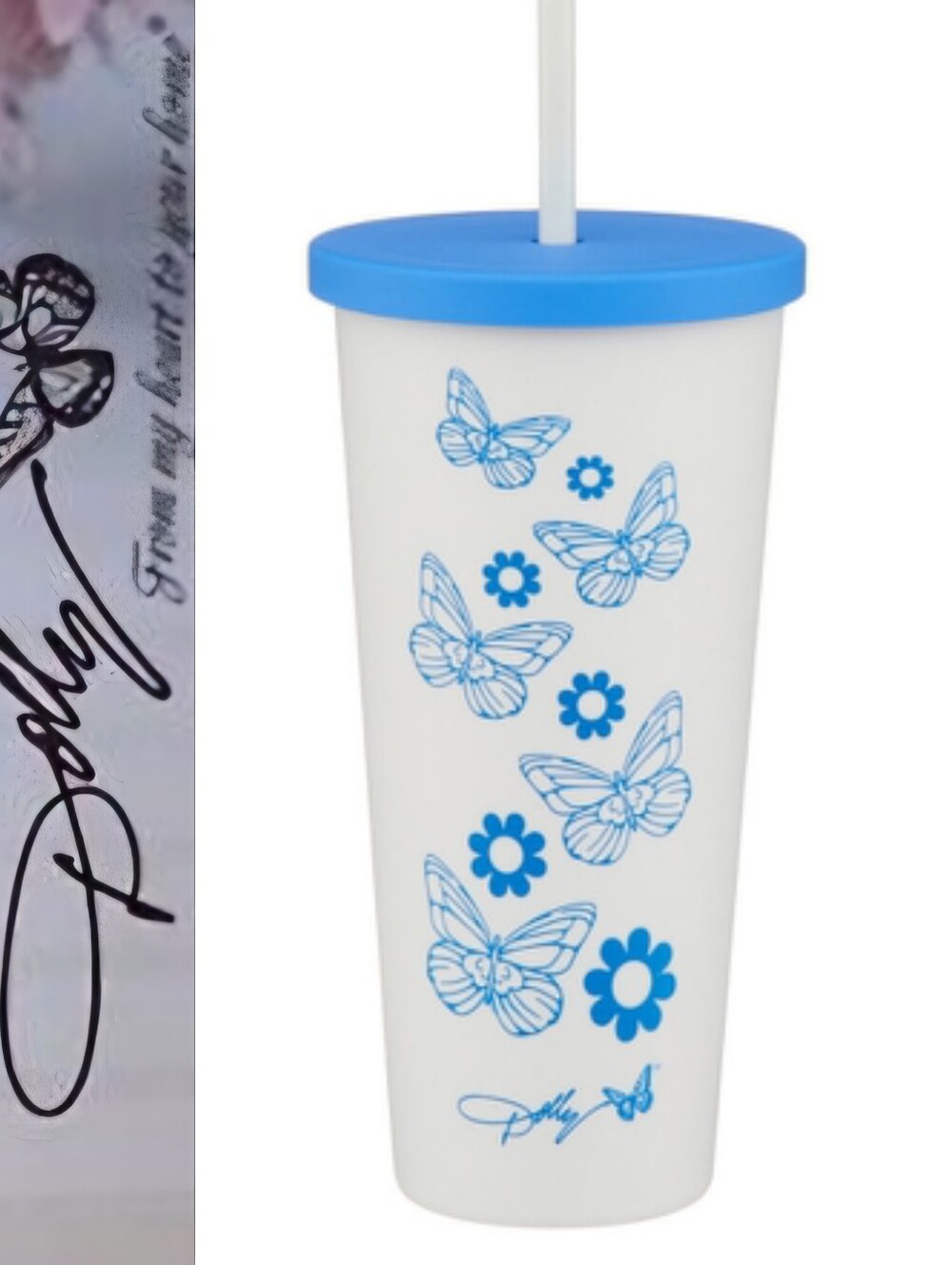 Dolly Parton 20oz Butterfly Travel Tumbler w/Lid & Straw- Blue